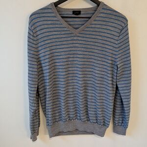 J. Crew Men's Grey Blue Stripe 100% Merino Wool V Neck Sweater Medium Preppy